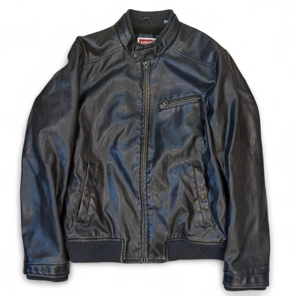 Levis Dark Brown Sherpa Lined Leather Jacket Mens Size Large Full Zip Biker Coat